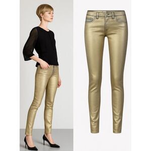 TRE Natalie Ratabesi Gold Edith Metallic Coated Slim Jeans Low Rise Sz 26 NWT